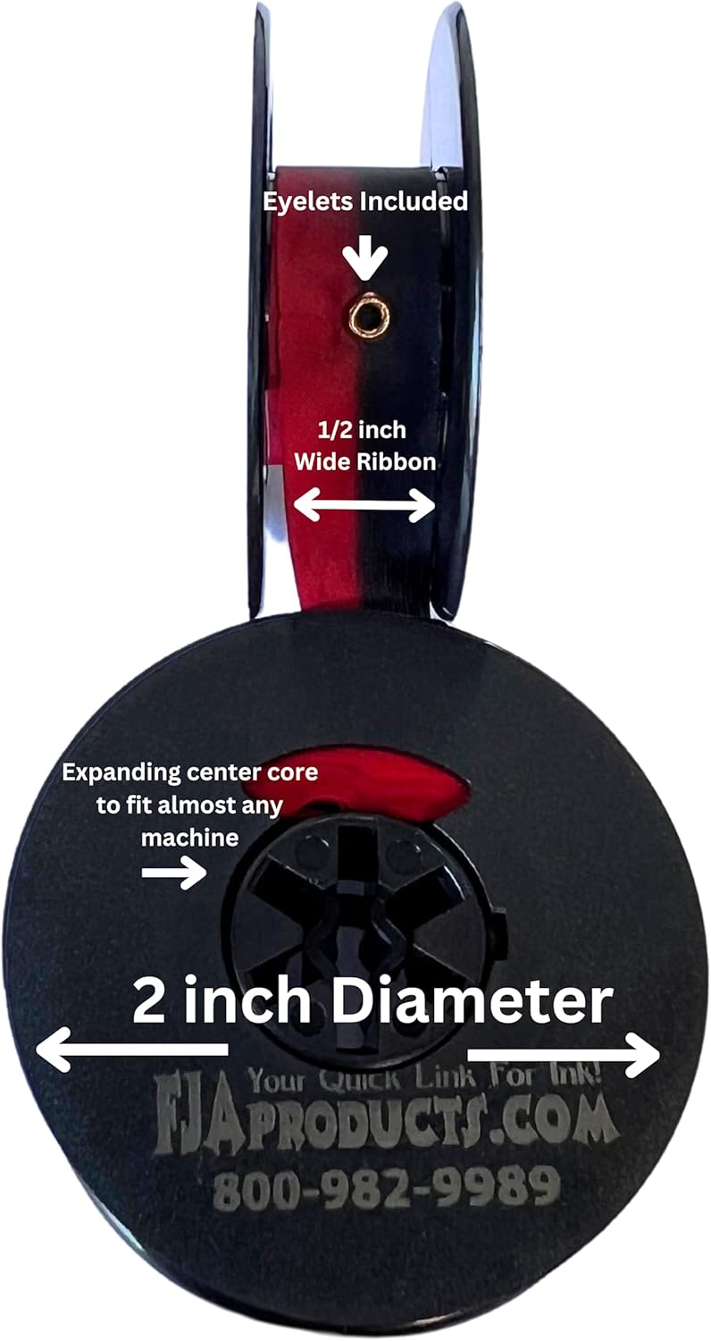 Universal Typewriter Ribbon - 1/2 Inch Wide Black and Red Ink Ribbon with Eyelets on 2 Inch Spool